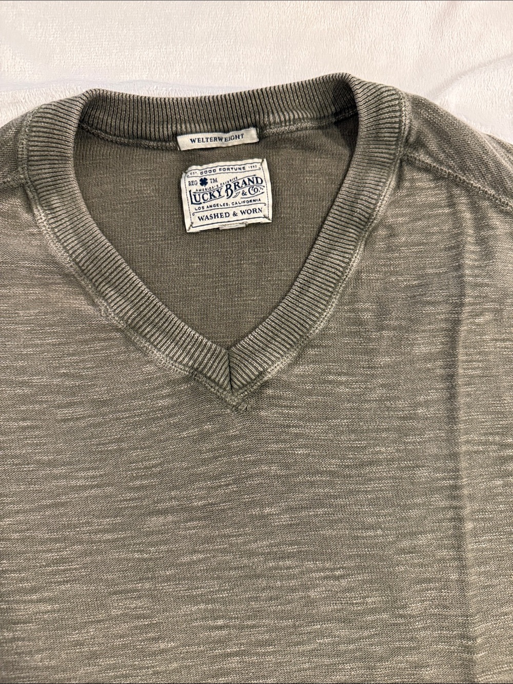 Lucky Brand Men’s Olive Green V-Neck weathered Sweater - Large